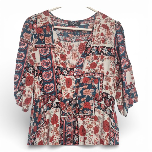 Boho Patchwork Floral Paisley Maxi Dress Vneck Tiered Puff Sleeve Red Navy Cream - Picture 8 of 12